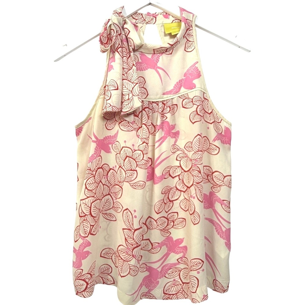 Anthropologie Maeve Elate Tie Neck Halter Top Cutout Back Floral Birds Size 2
